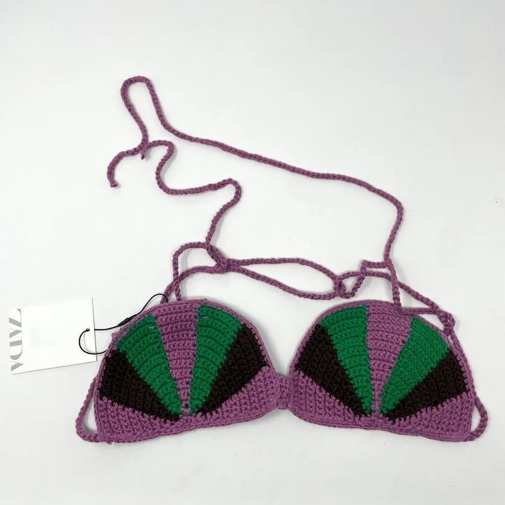 Zara Crochet Seashell Bralette Purple Green Size Small NWT - Picture 8 of 12